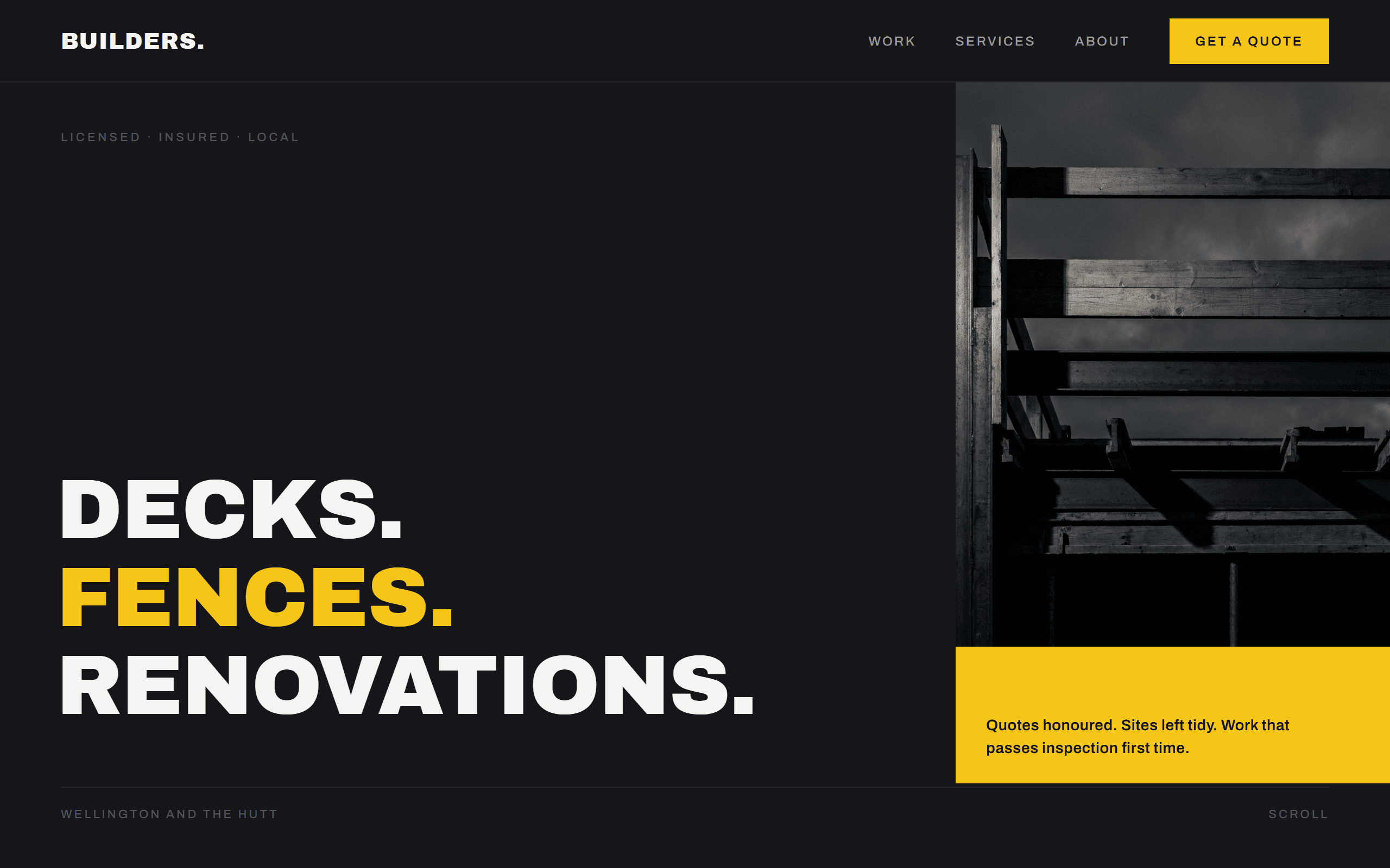 Indicative desktop website mockup in the Bold direction: dark ground, heavy type, flat colour blocks.